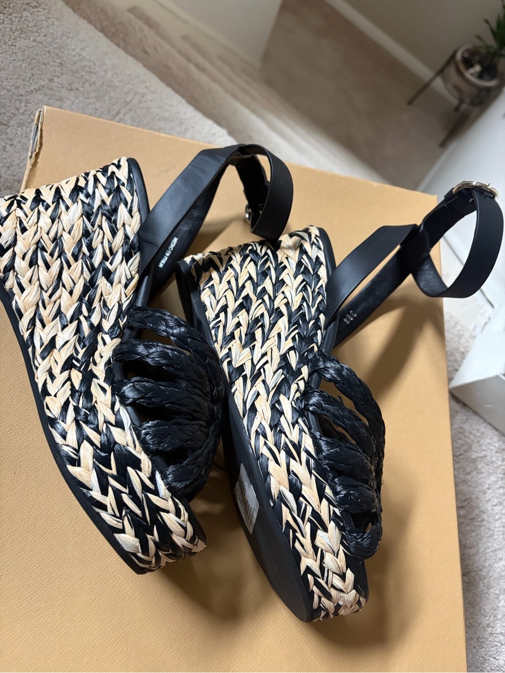 Prada Black Braided Leather & Woven Raffia Platform Wedge Sandals - Picture 8 of 12